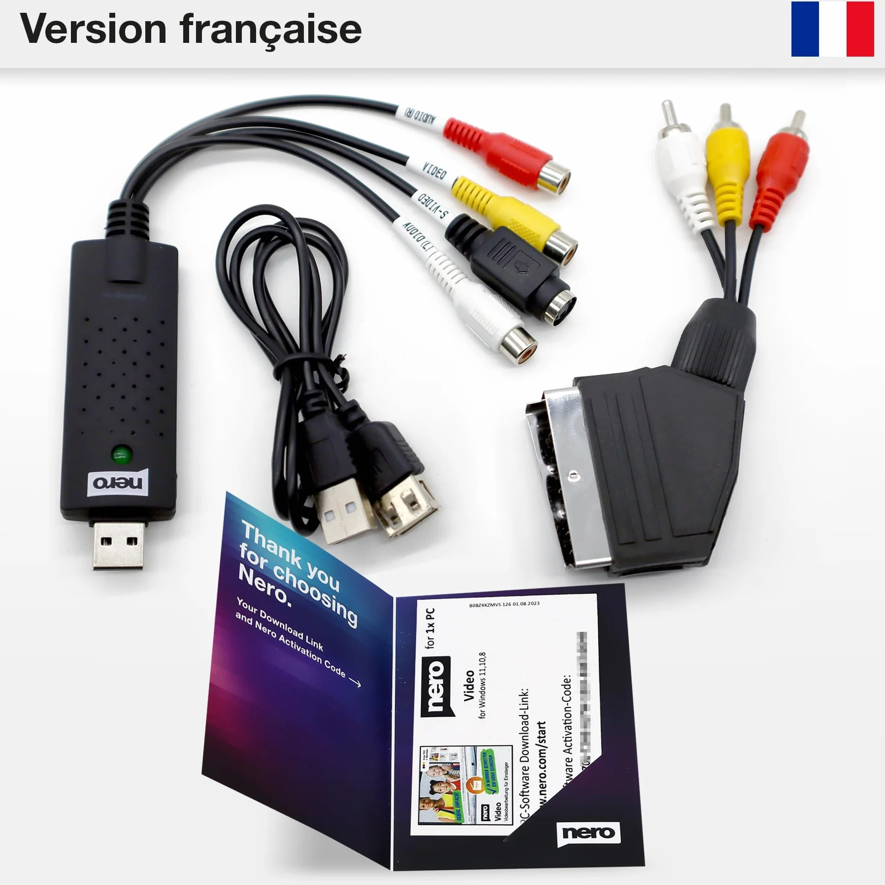 Nero VHS vers USB Video Grabber Recode Stick – Convertisseur analogique numérique pour VHS, S-VHS, Hi8 avec logiciel Nero Video, capture MP4, Windows 11/10
