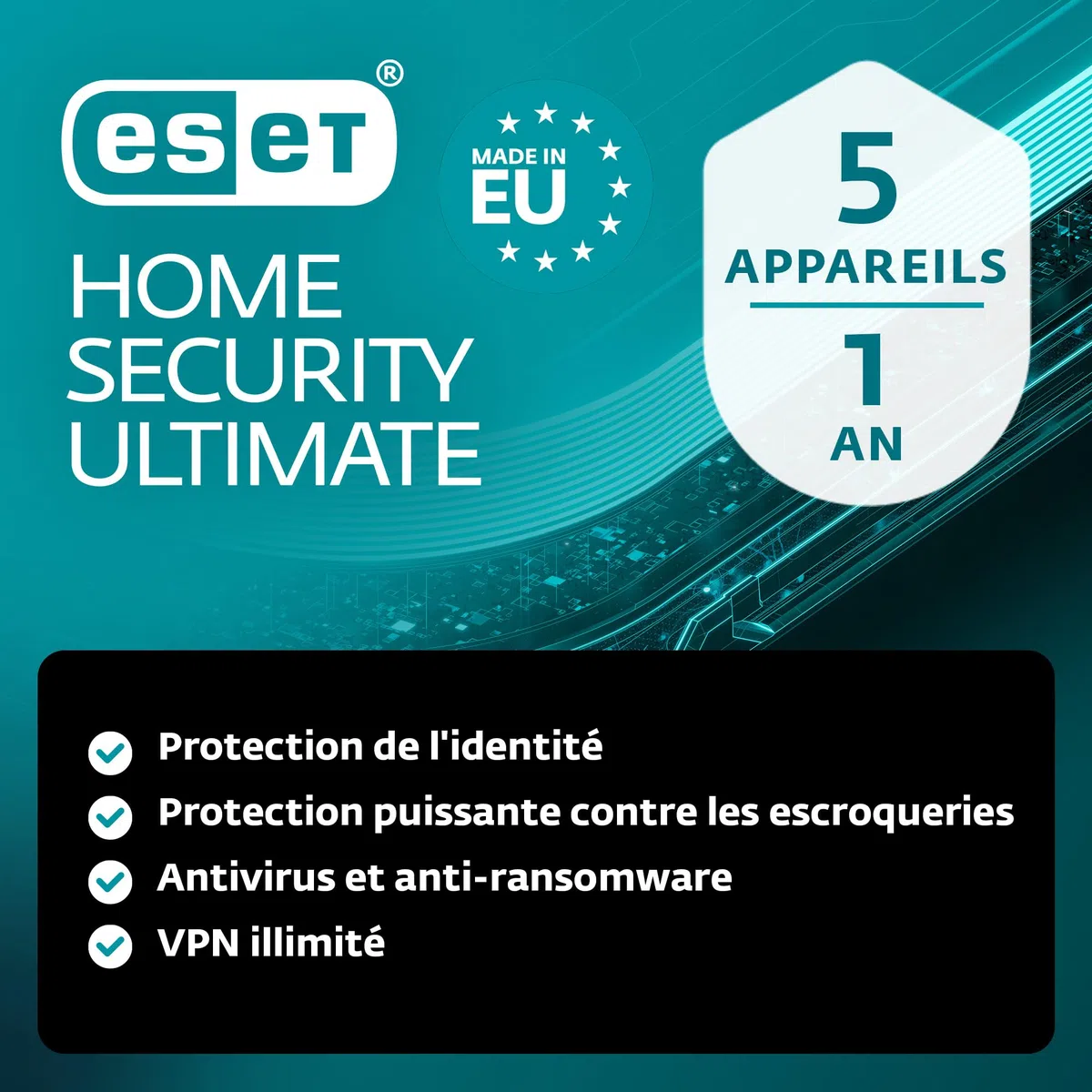 ESET HOME Security Ultimate 2026 | 5 appareils | 1 an | Suite de sécurité, VPN, Protection de l'identité, Sécurité des données, Remédiation contre les ransomwares | Clé d'activation par e-mail