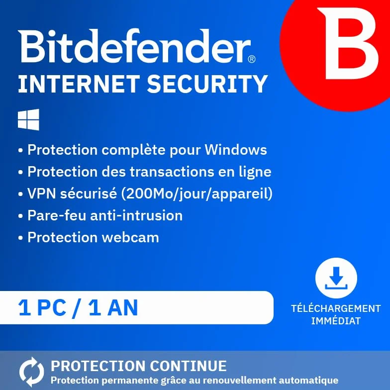 Bitdefender Internet Security 2026 1 Appareil 1 An PC Code d’activation