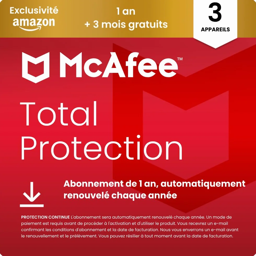 McAfee Total Protection 3 Appareils 2026, 15 mois Antivirus VPN Logiciel de sécurité Abonnement Téléchargement numérique