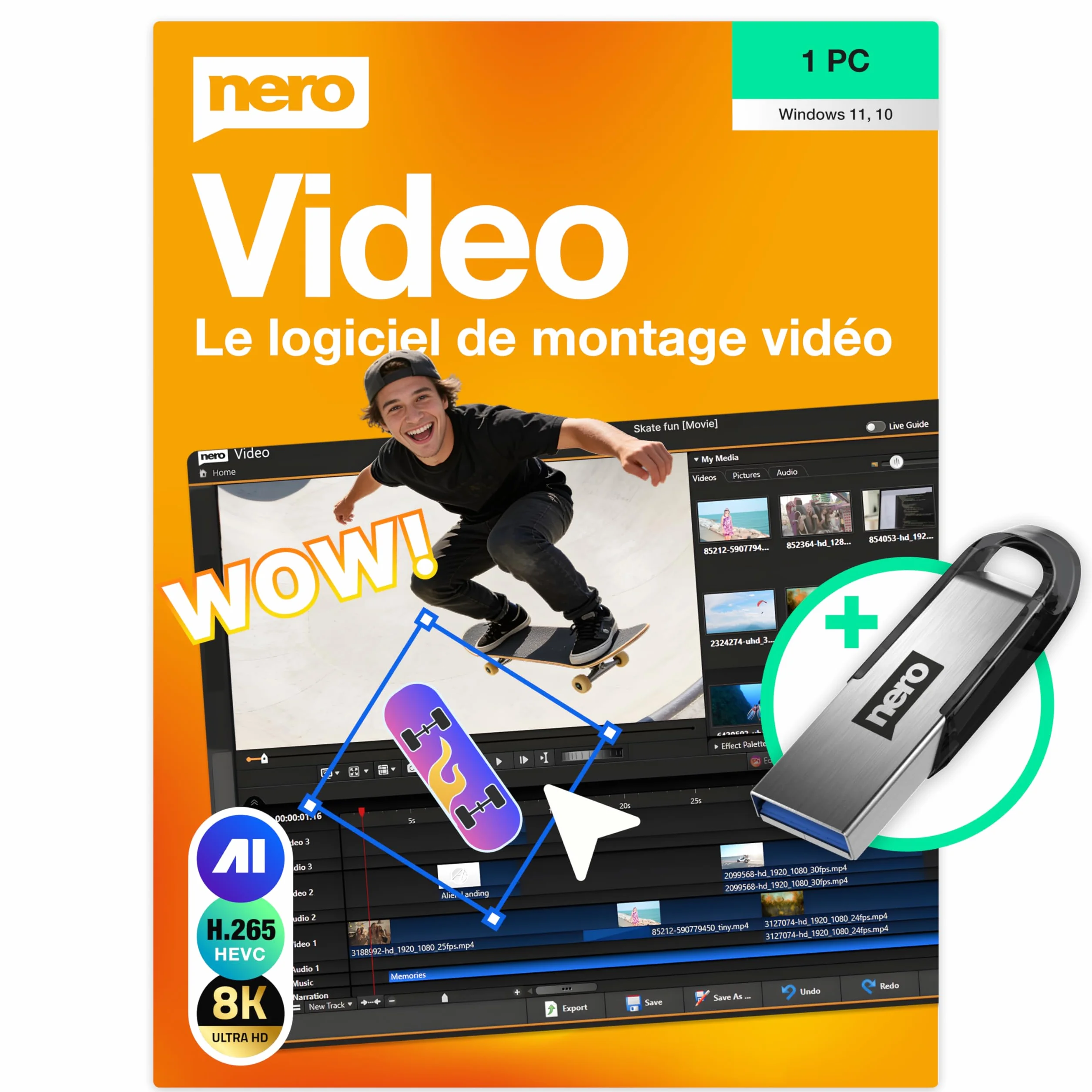 Nero Video 2026 sur Clé USB Logiciel de Montage Vidéo 4K 8K HD Licence à Vie Windows 11/10/8/7