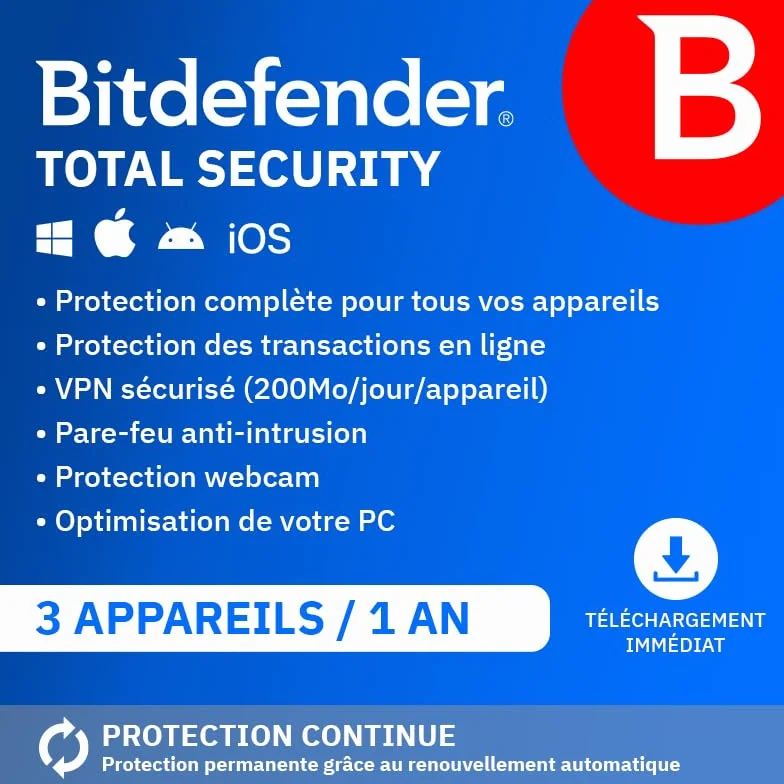 Bitdefender Total Security 2026 3 Appareils 1 An PC Mac iOS Android Code Activation