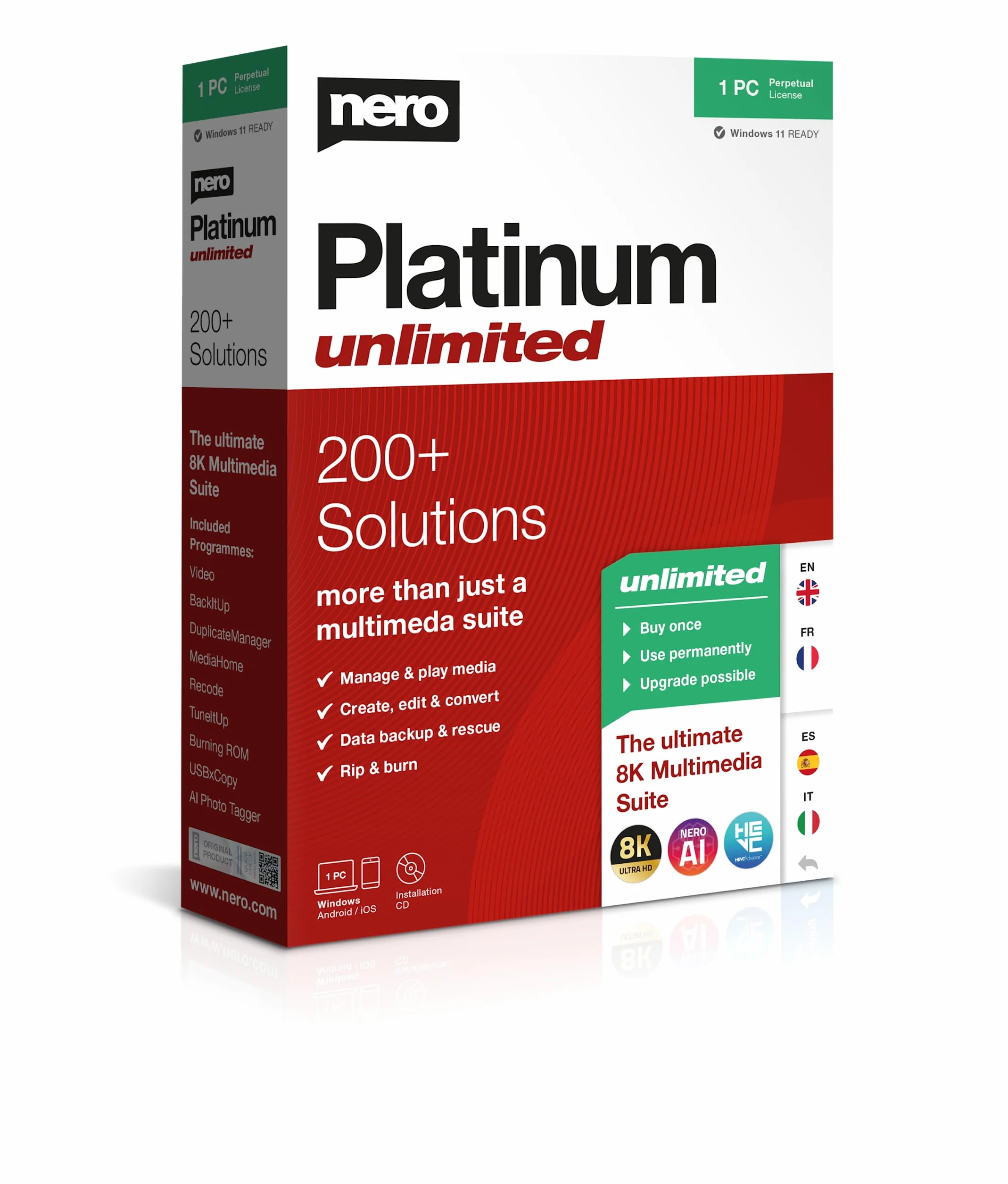Nero Platinum Unlimited Boîte de détail Édition vidéo Gérer et lire les médias Intelligence artificielle 8K Photos Musique Réglage du PC Windows 11/10/8/7