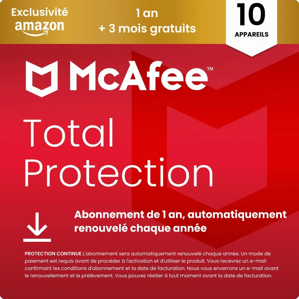 McAfee Total Protection 10 Appareils 2026 15 mois Antivirus VPN Logiciel de sécurité Abonnement Téléchargement numérique