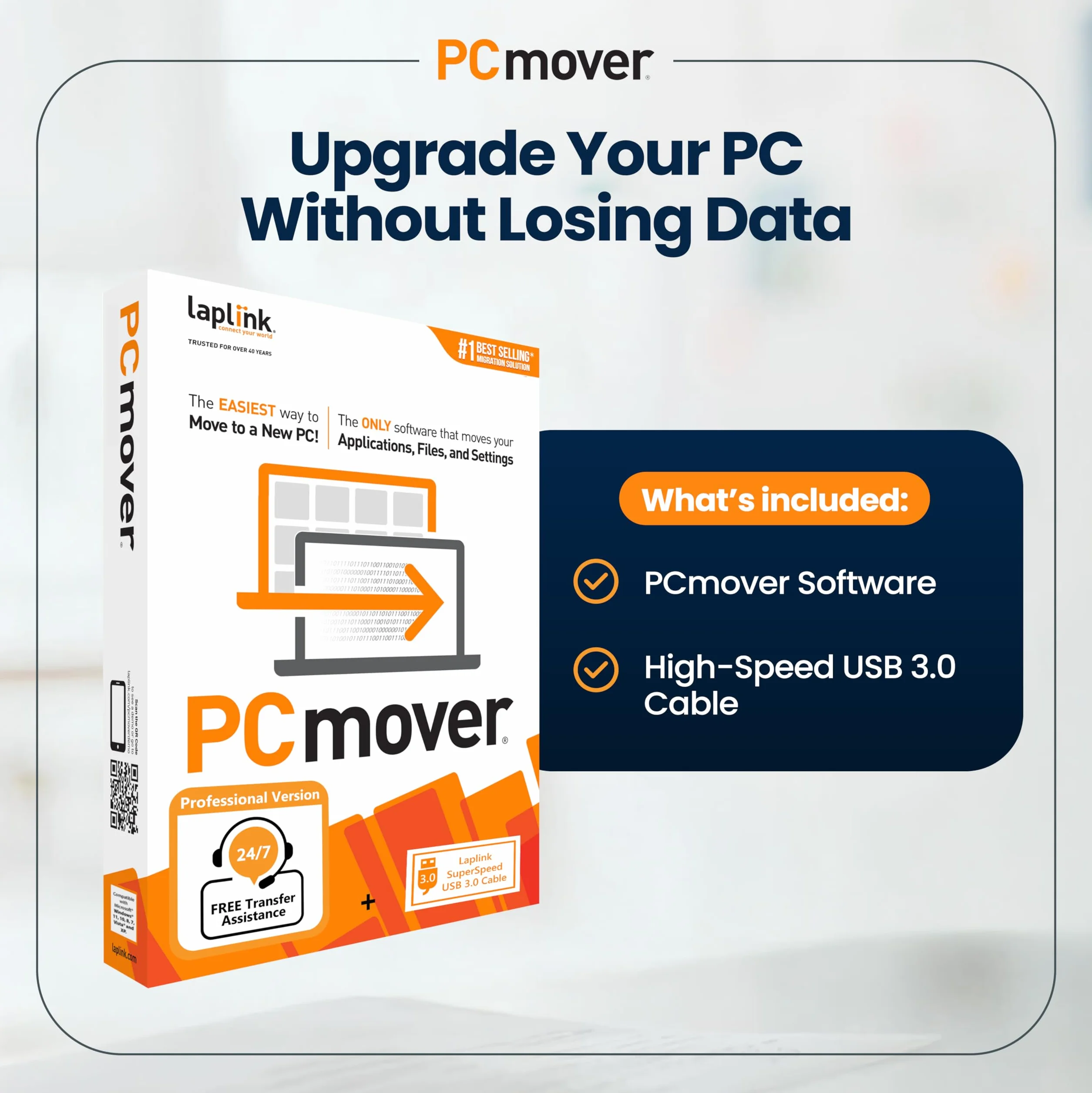 LAPLINK PCmover Professional 11 - Logiciel de Migration, Câble USB 3.0 Super Speed 5 Gbps, Automatique