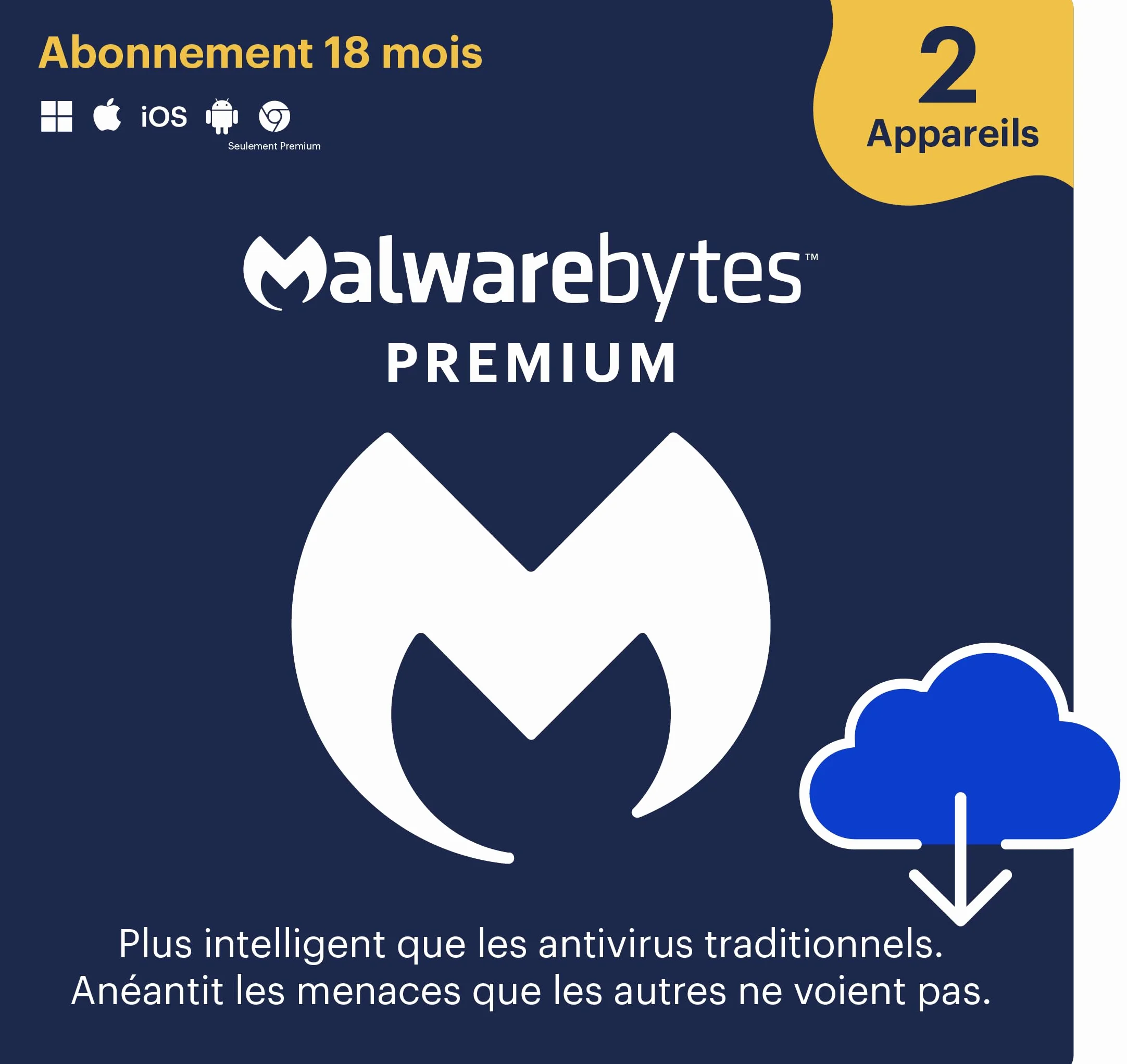 Malwarebytes Premium 2 appareil 18 Mois Code d'activation Windows Mac iOS Android Chrome