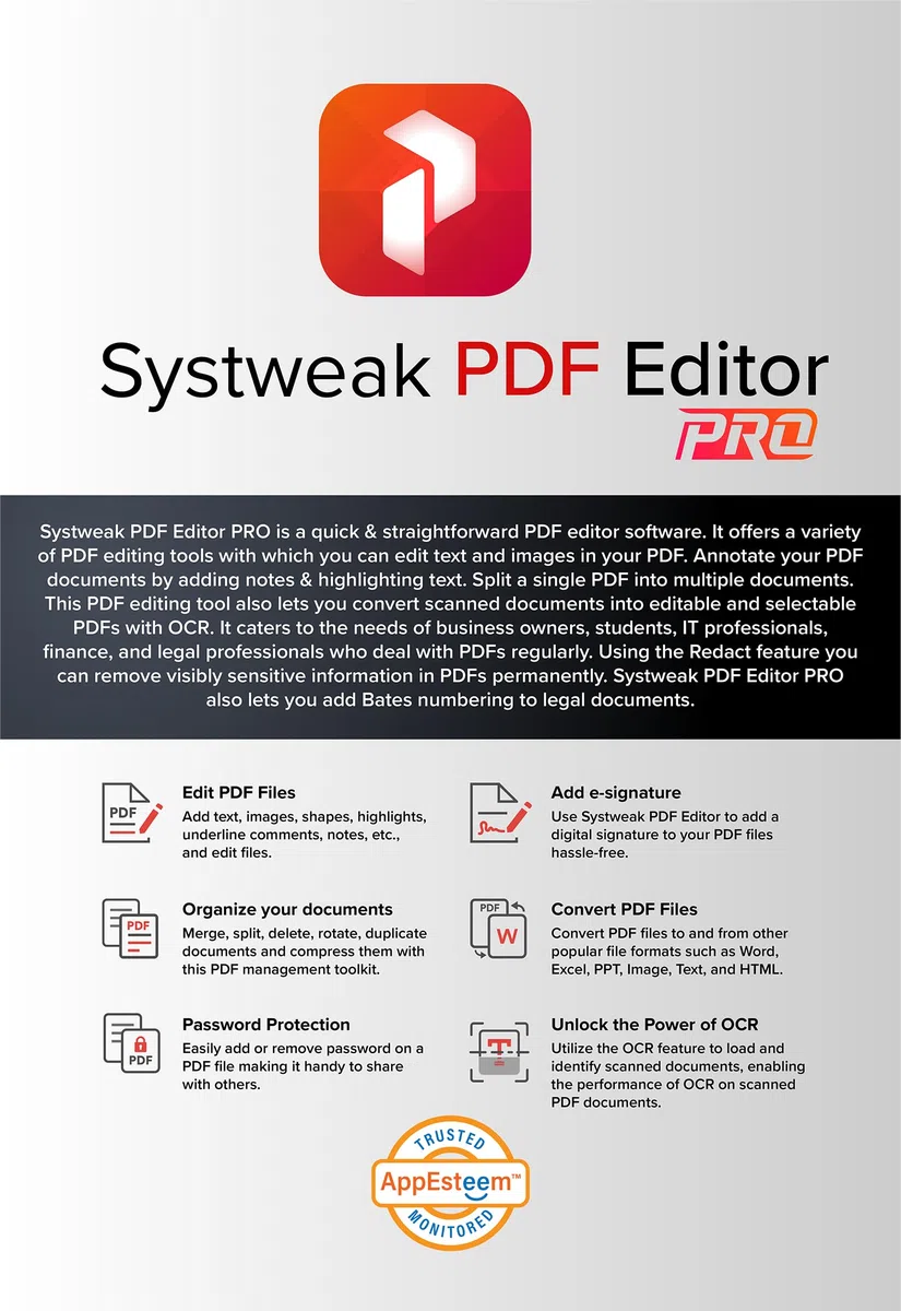 Systweak PDF Editor - Logiciel pour Windows - 1 PC, 1 an | Visualiser, Créer, Modifier, Protéger et Signer des PDF