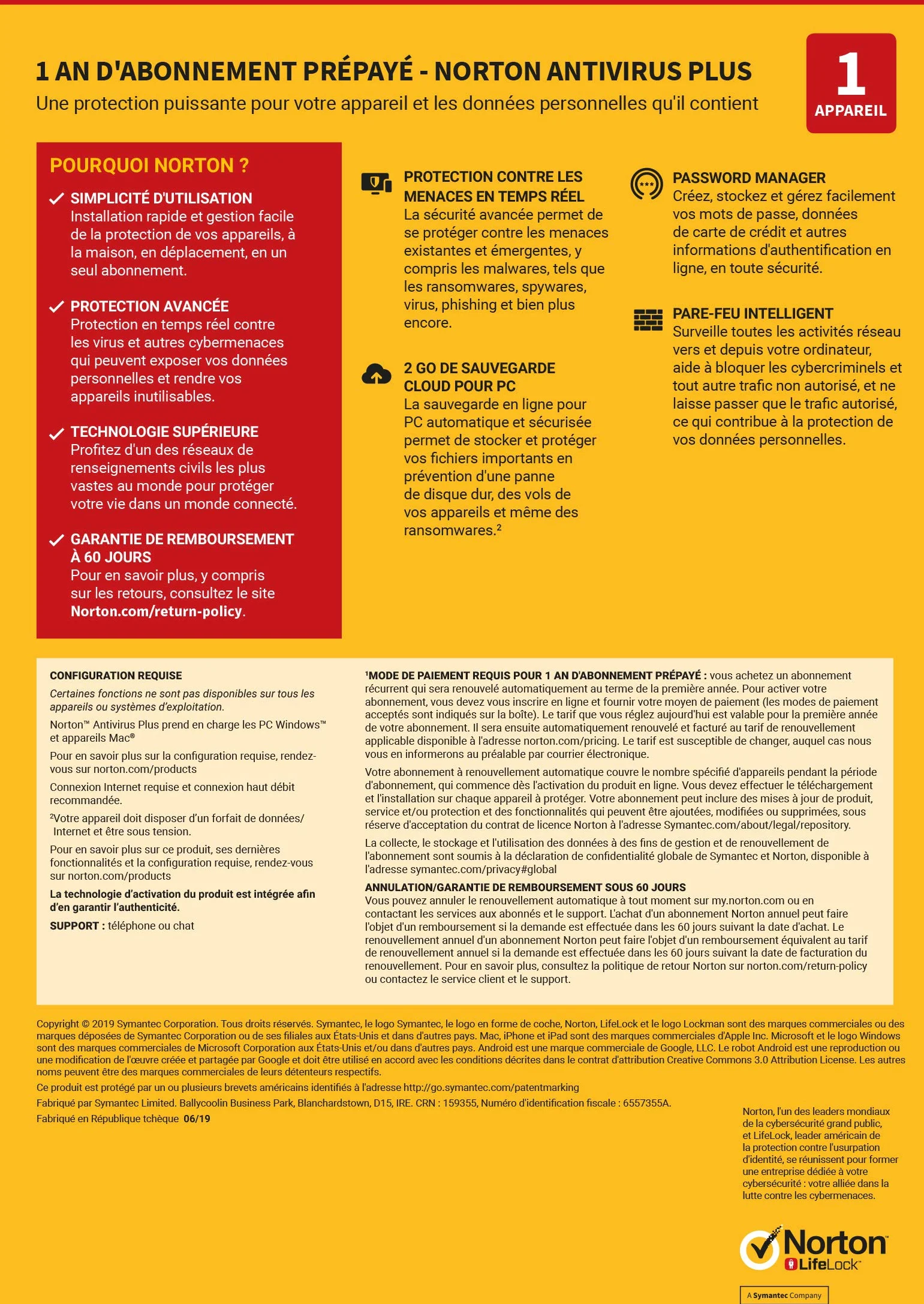 Norton Antivirus Plus 2026 1 Appareil 1 An Abonnement Téléchargement