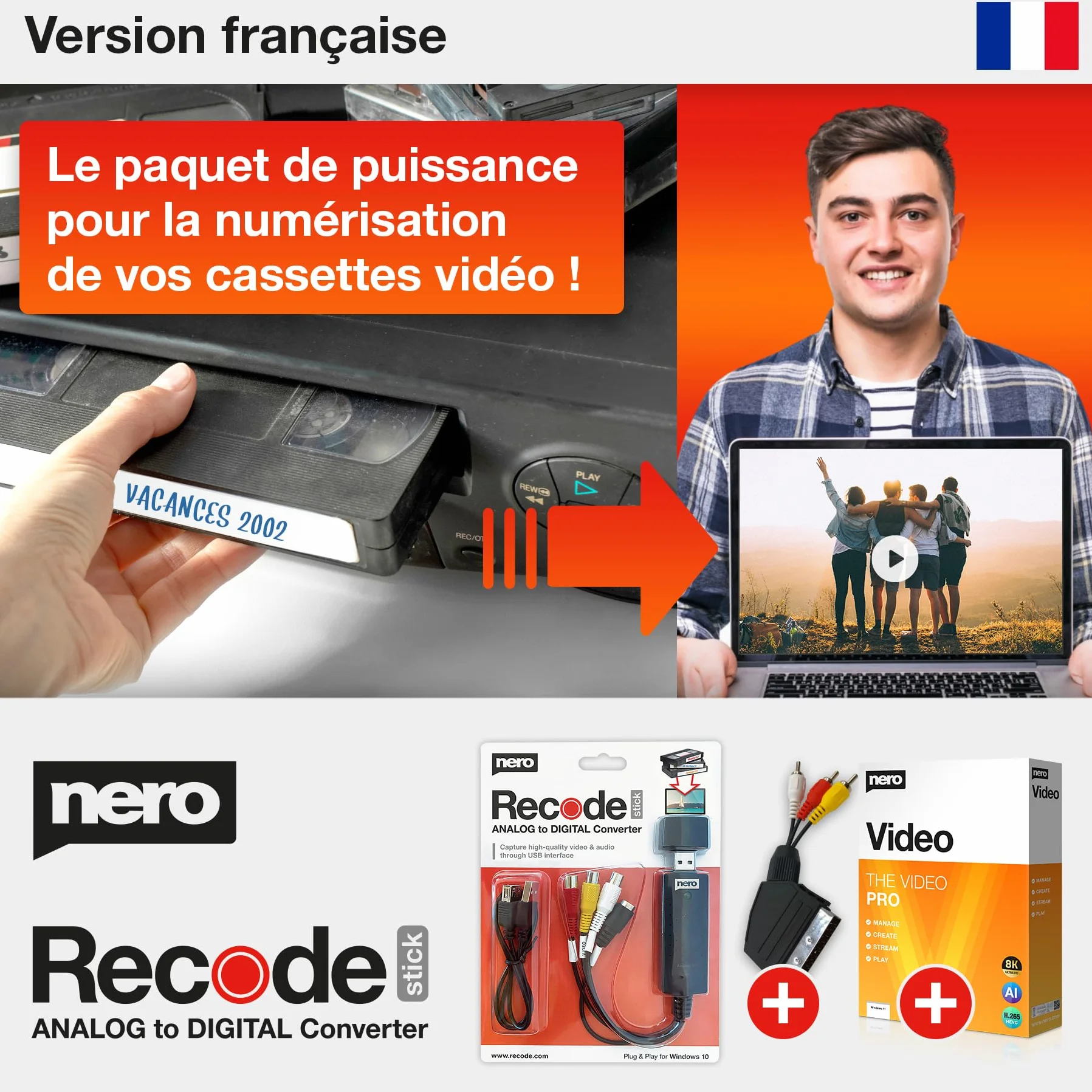 Nero VHS vers USB Video Grabber Recode Stick – Convertisseur analogique numérique pour VHS, S-VHS, Hi8 avec logiciel Nero Video, capture MP4, Windows 11/10