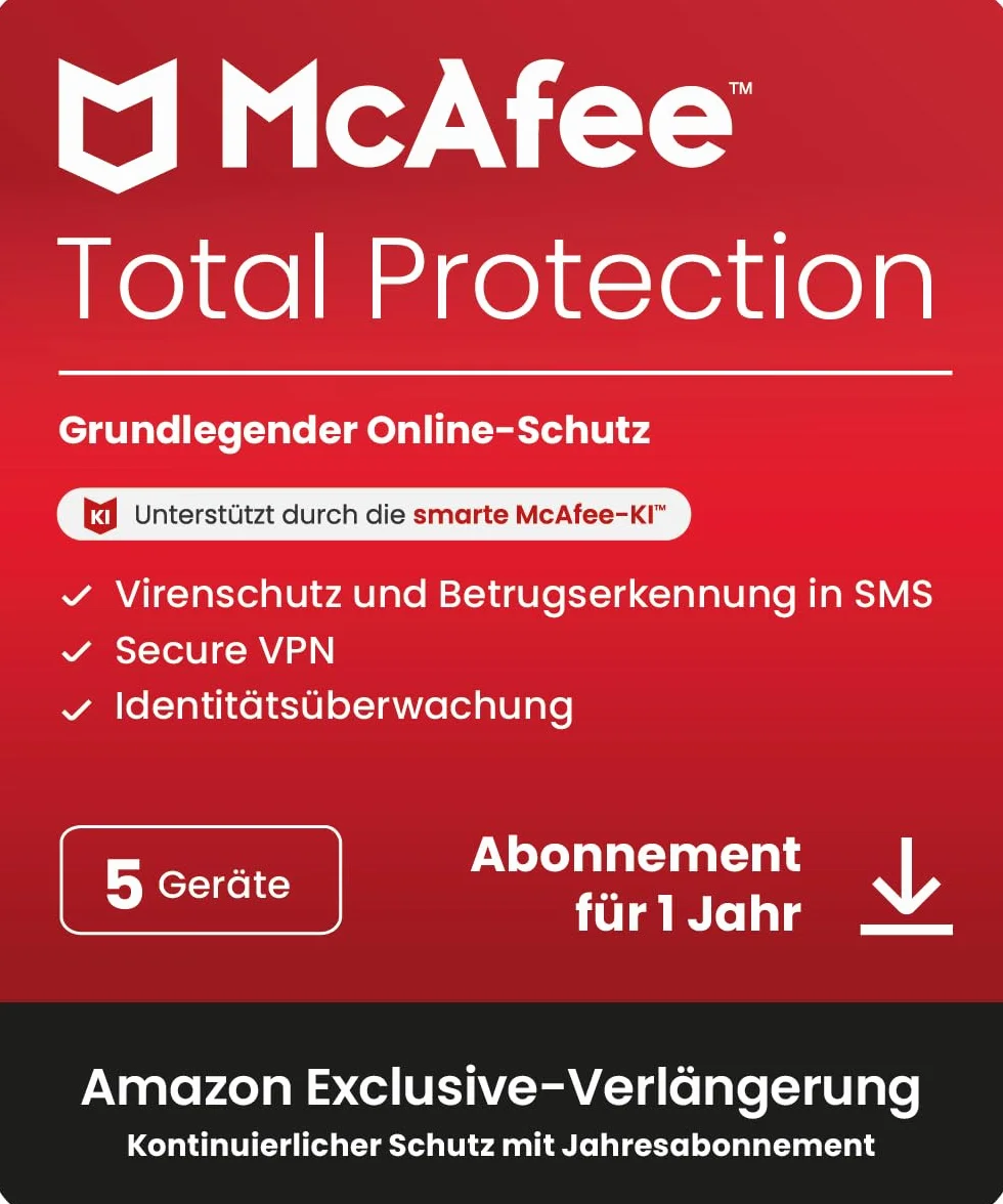 McAfee Total Protection 5 appareils 2025 12 mois VPN sécurisé antivirus gestionnaire de mots de passe surveillance identité