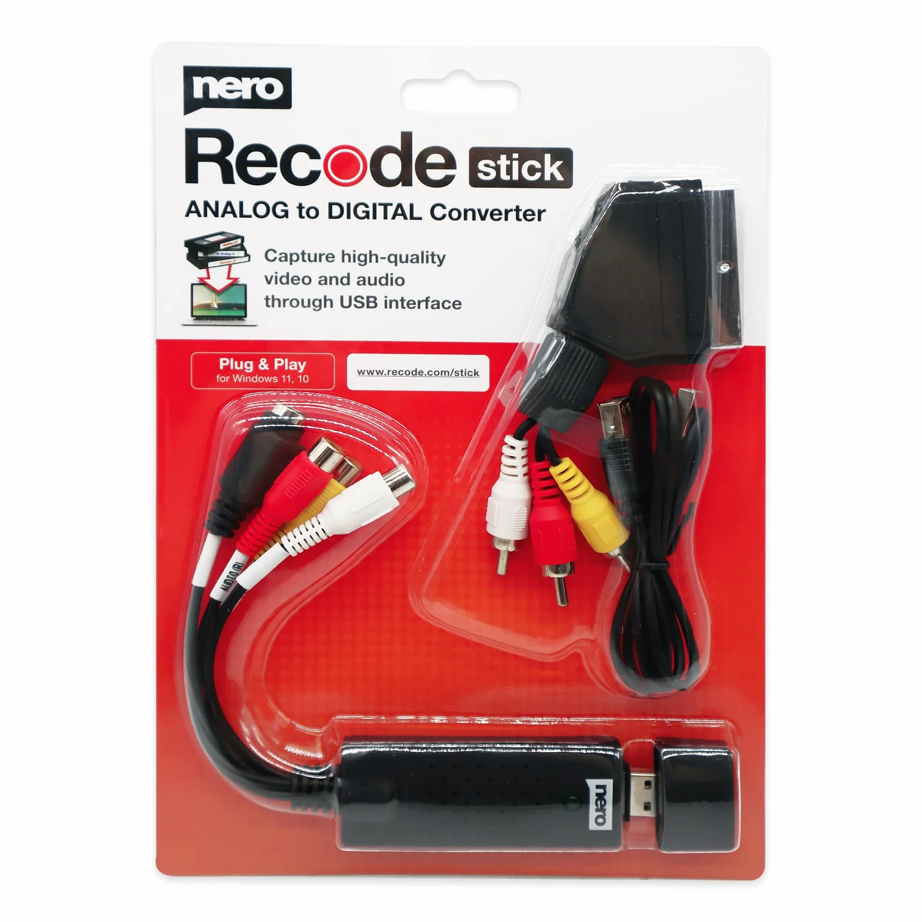 Nero VHS vers USB Video Grabber Recode Stick – Convertisseur analogique numérique pour VHS, S-VHS, Hi8 avec logiciel Nero Video, capture MP4, Windows 11/10