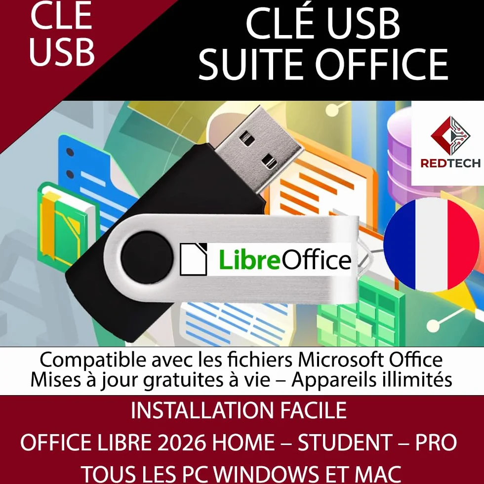 LibreOffice 2026 Home Étudiant Professionnel Business | Compatible Microsoft Office Word Excel PowerPoint | Logiciel clé USB PC Windows 11 10 8 7 Vista XP 32/64 bits macOS + Guide