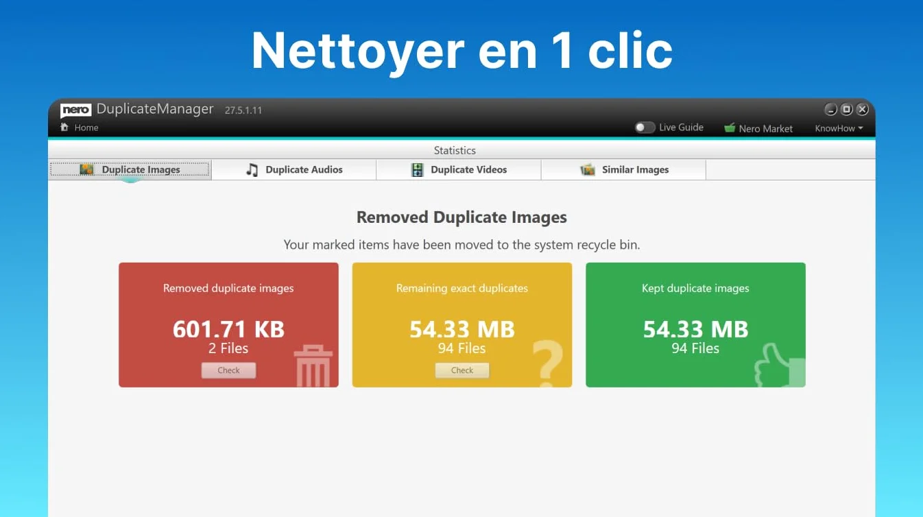 Nero Duplicate Manager | Doublons photos vidéos musique IA images similaires Scan disques externes Licence à vie 1 PC Windows 11/10/8/7