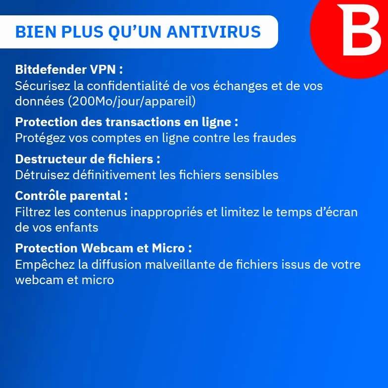 Bitdefender Internet Security 2026 5 Appareils 2 Ans PC Code d'activation par email Renouvellement Automatique