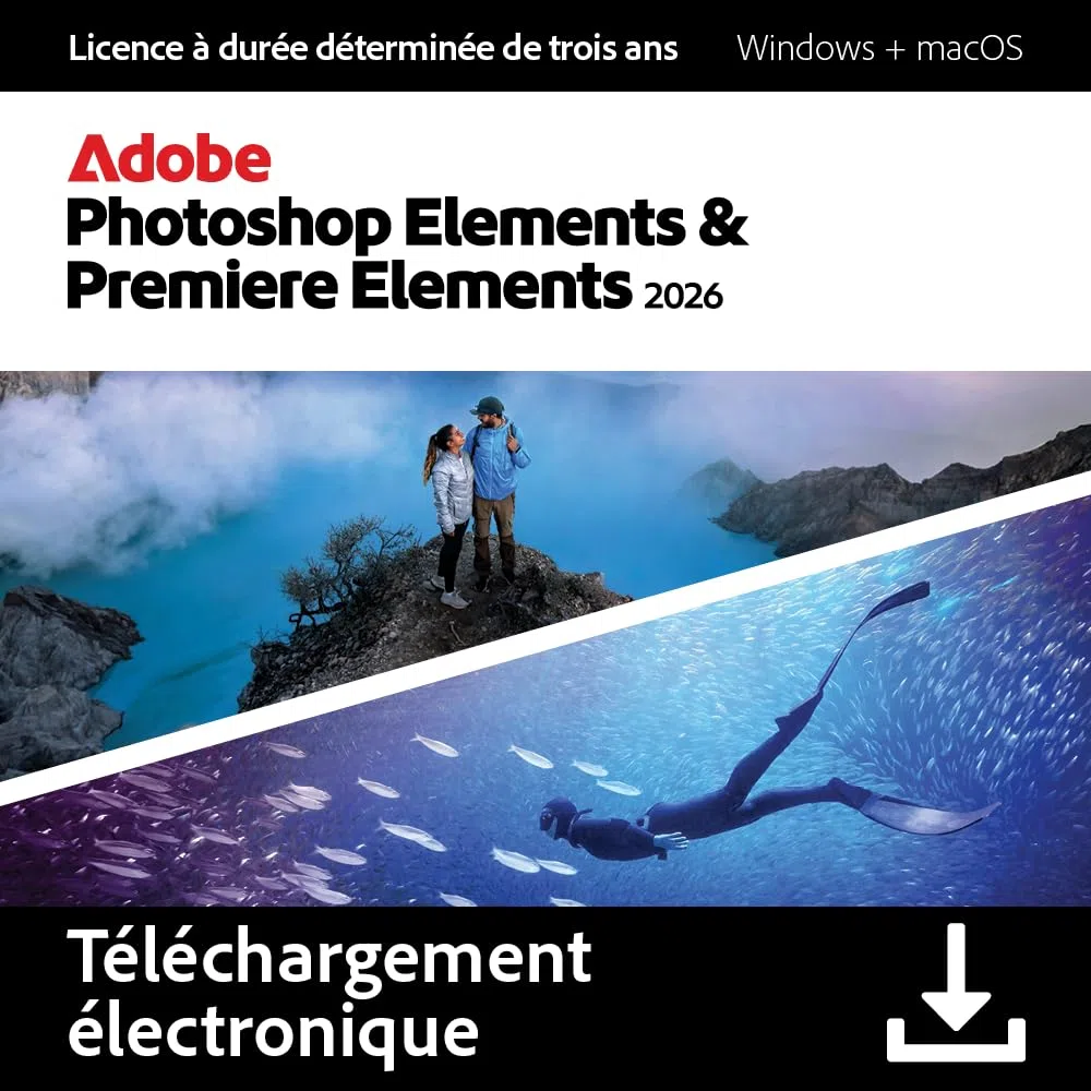 Adobe Photoshop Elements 2026 & Premiere Elements 2026 |Licence 3 ans| 1 appareil |1 Usager|PC/Mac|Téléchargement