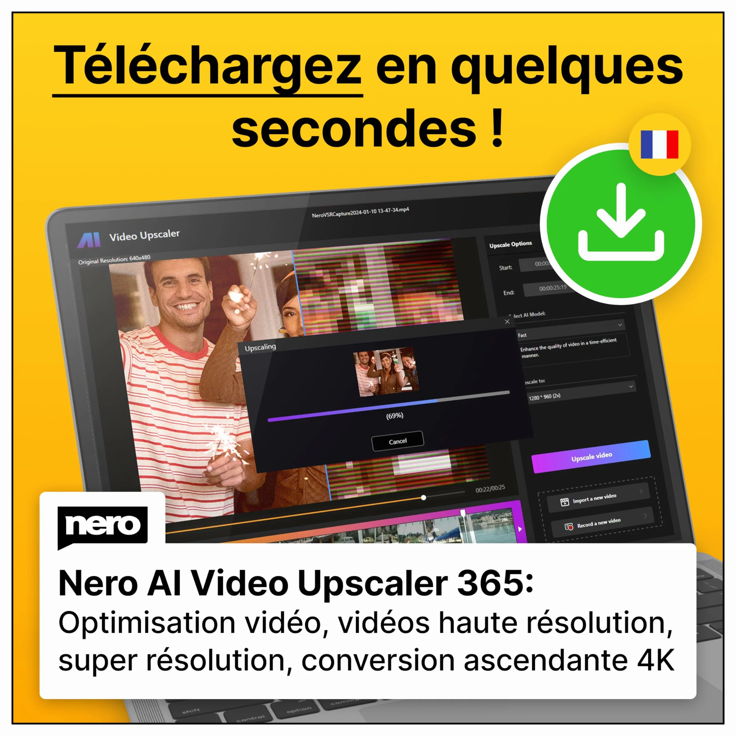 Nero AI Video Upscaler 365 | Amélioration vidéo 4K | Réduction bruit | Licence annuelle 1 Appareil | Win 11/10