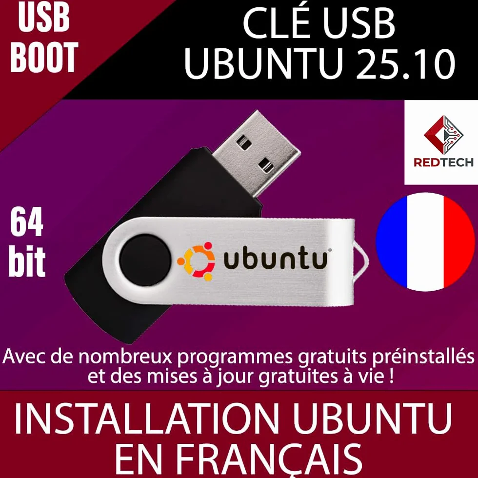 UBUNTU 25.10 Clé USB bootable Linux 64 Bits Dernière Version 2026 Système français mode LIVE