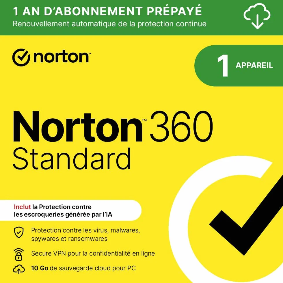 Norton 360 Standard 2026 1 Appareil 1 An Abonnement Téléchargement