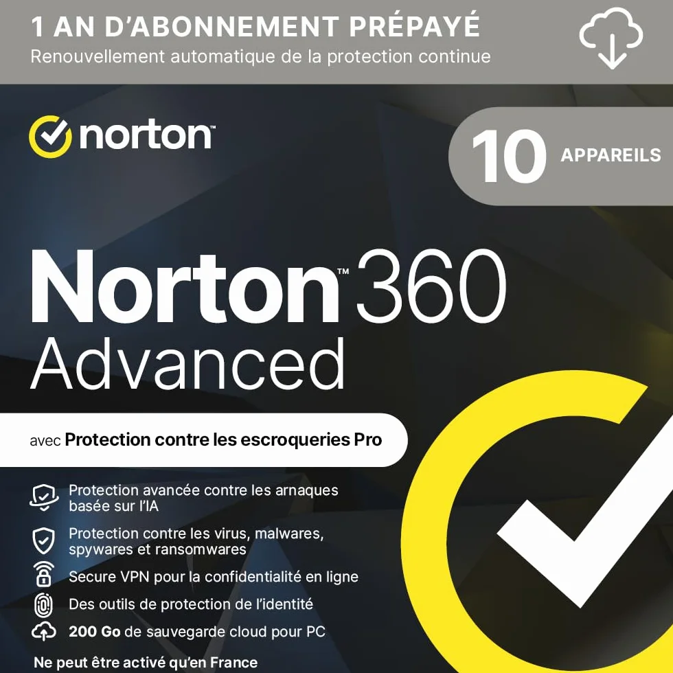 Norton 360 Advanced 2026 10 appareils 1 An Abonnement renouvellement automatique Téléchargement