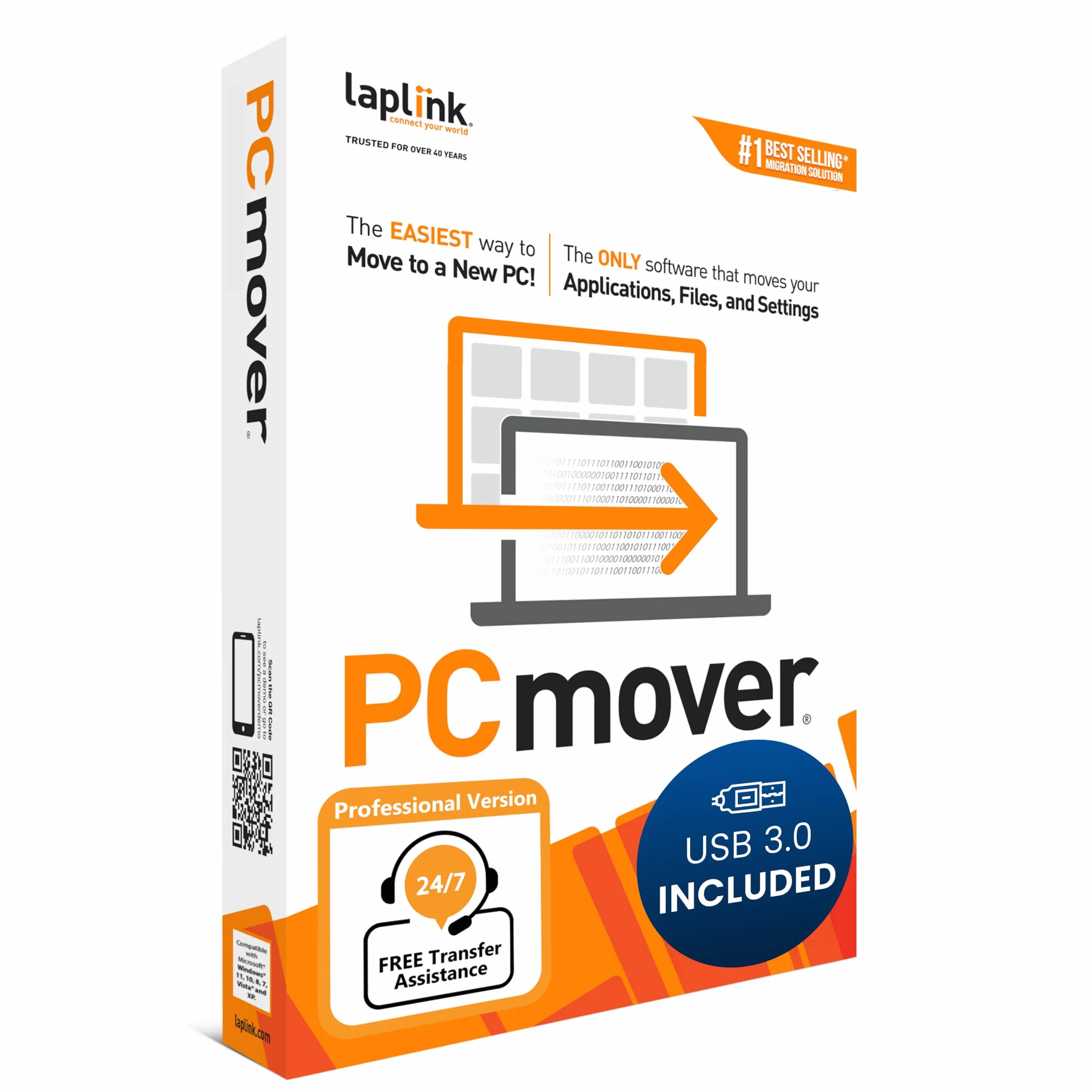 LAPLINK PCmover Professional 11 - Logiciel de Migration, Câble USB 3.0 Super Speed 5 Gbps, Automatique