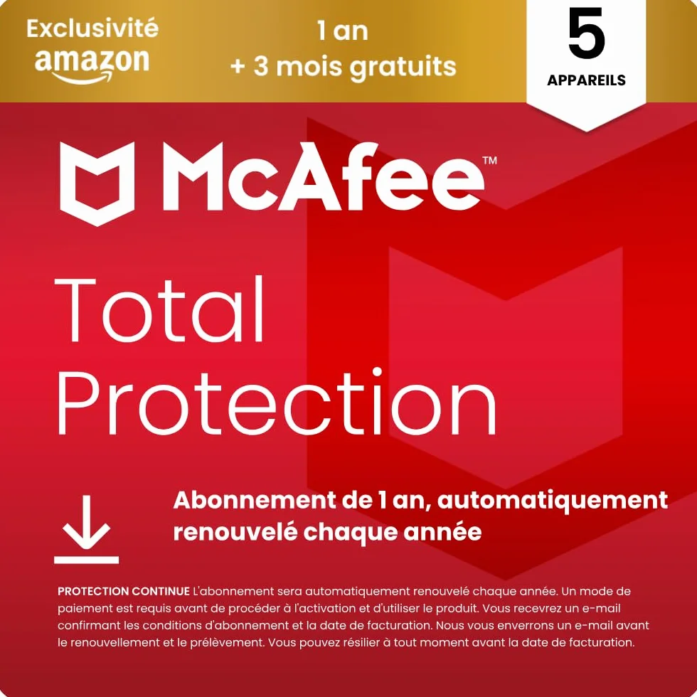 McAfee Total Protection 5 Appareils 2026 15 mois Antivirus VPN Logiciel de sécurité Abonnement Téléchargement numérique