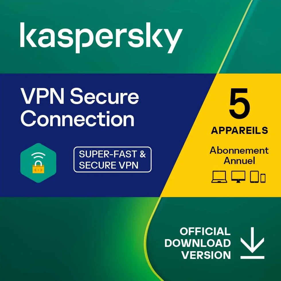 Kaspersky VPN Secure Connection Abonnement Annuel 5 Appareils 1 Compte Utilisateur Code Activation Windows Mac Android iOS