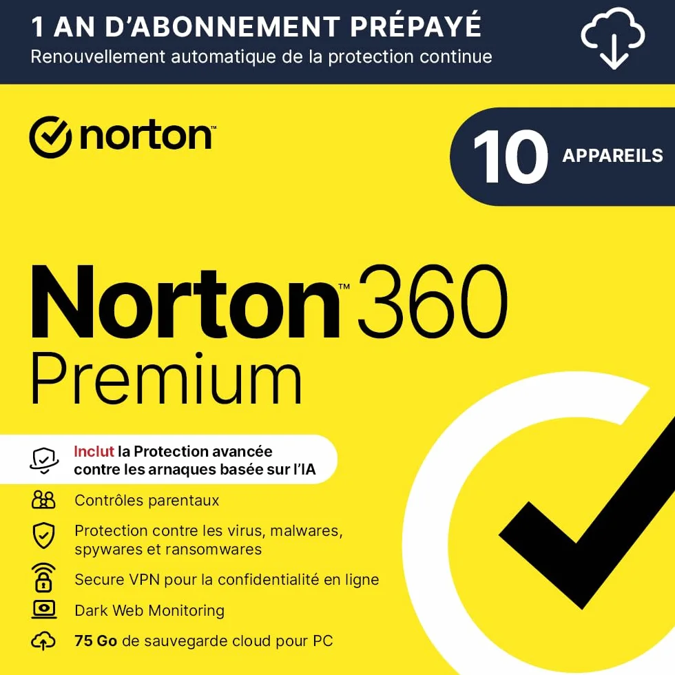 Norton 360 Premium 2026 10 Appareils 1 An Abonnement Téléchargement
