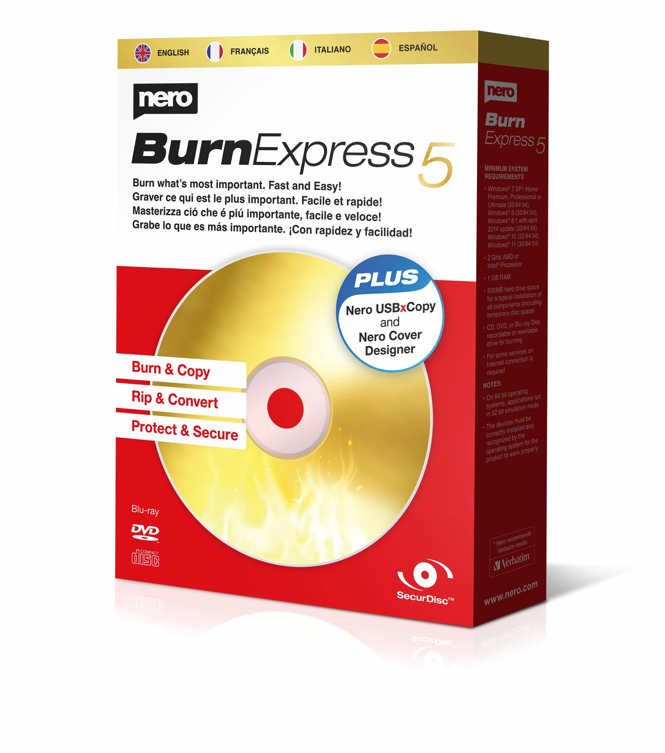 Nero Burn Express 5 – Logiciel de Gravure CD/DVD/Blu-ray avec SecurDisc 4.0, USBxCopy & Cover Designer, Licence à Vie 1 PC Windows 11/10/8/7