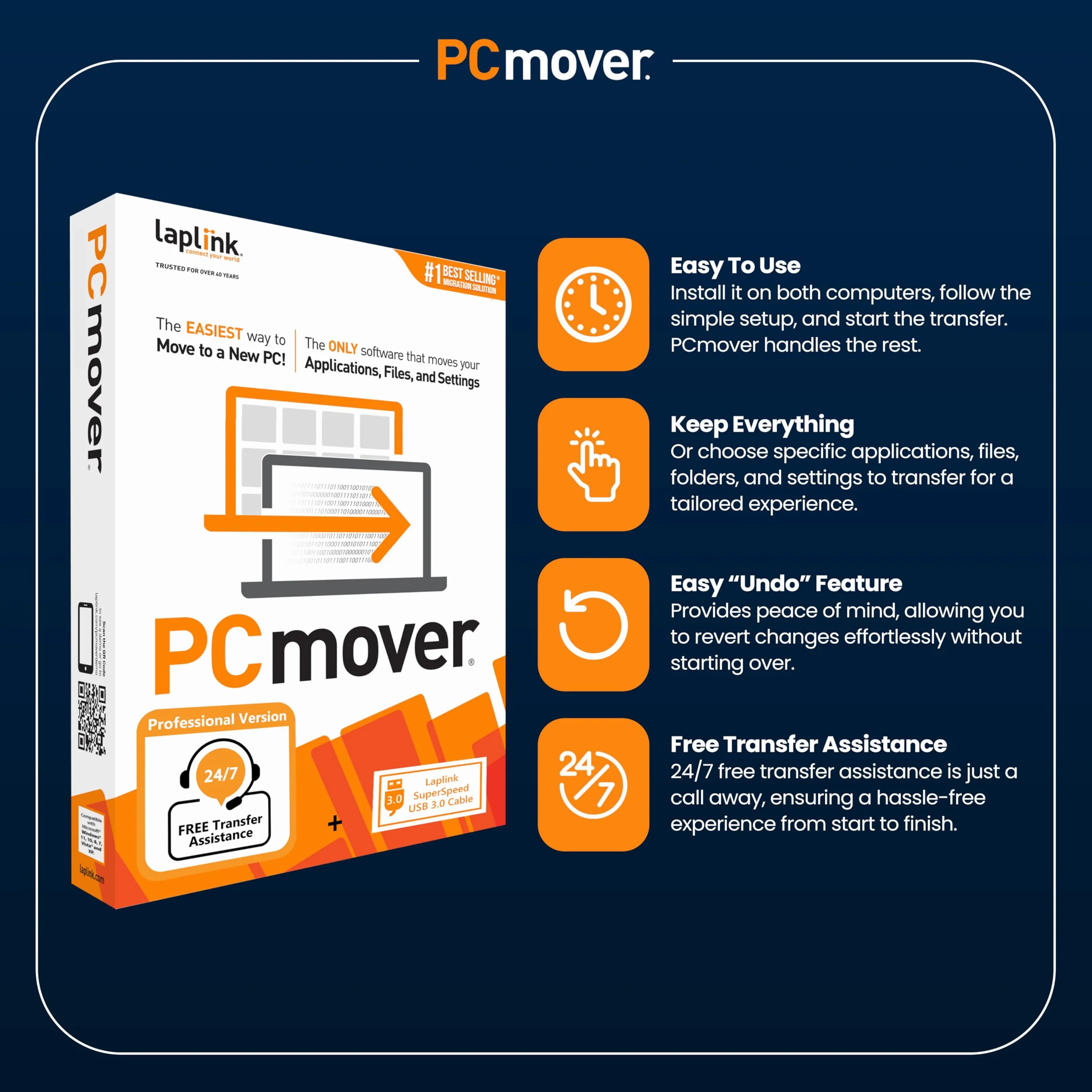 LAPLINK PCmover Professional 11 - Logiciel de Migration, Câble USB 3.0 Super Speed 5 Gbps, Automatique