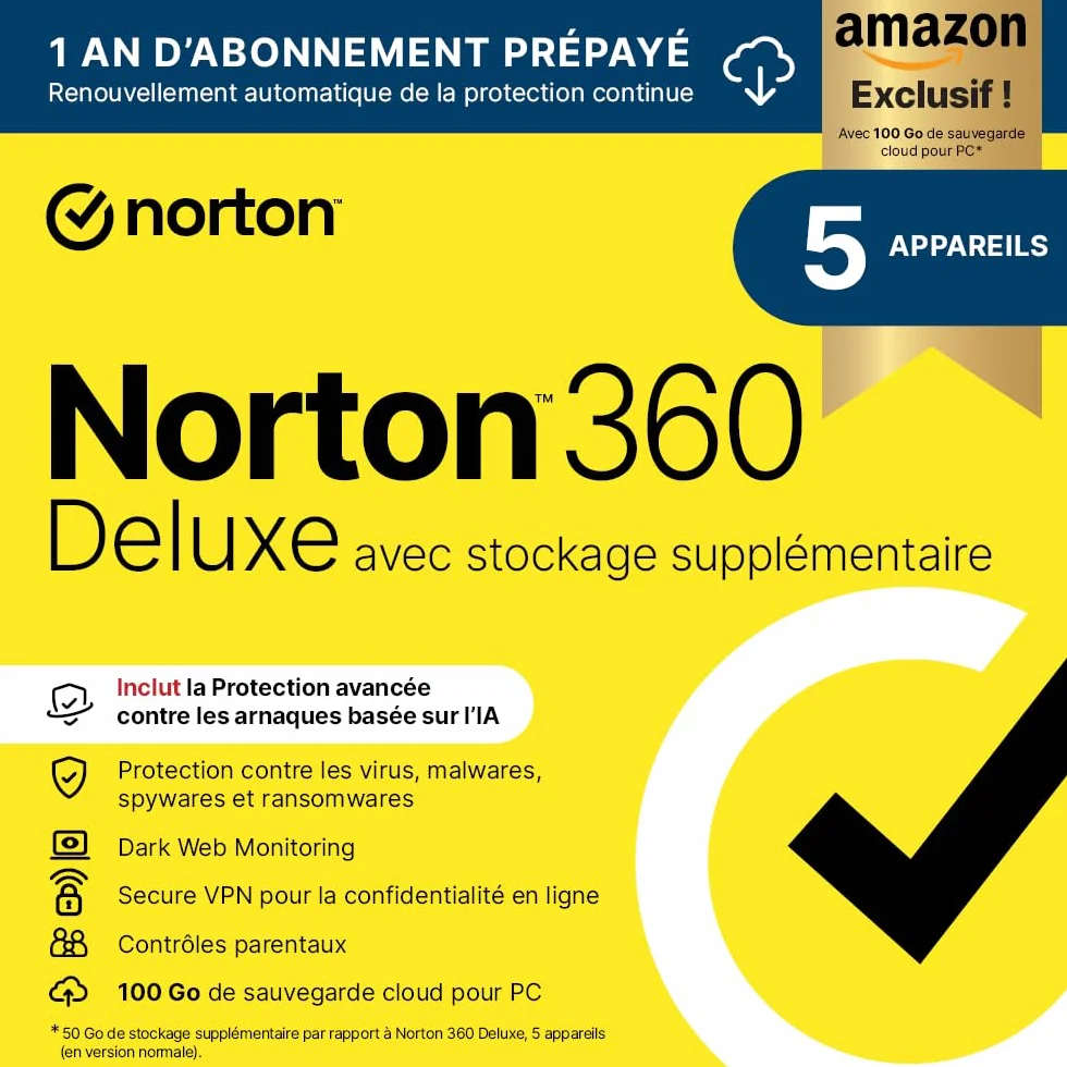 Norton 360 Deluxe 50 Go sauvegarde cloud 5 Appareils 1 An Abonnement Téléchargement