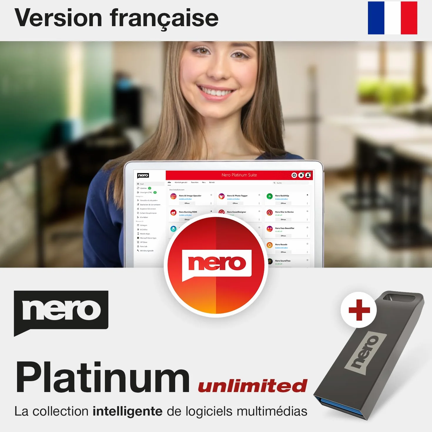 Nero Platinum Unlimited Suite logicielle multimédia clé USB montage vidéo 4K/8K sauvegarde données gestion photos IA convertisseur DVD CD licence à vie 1 PC Windows 11/10/8/7