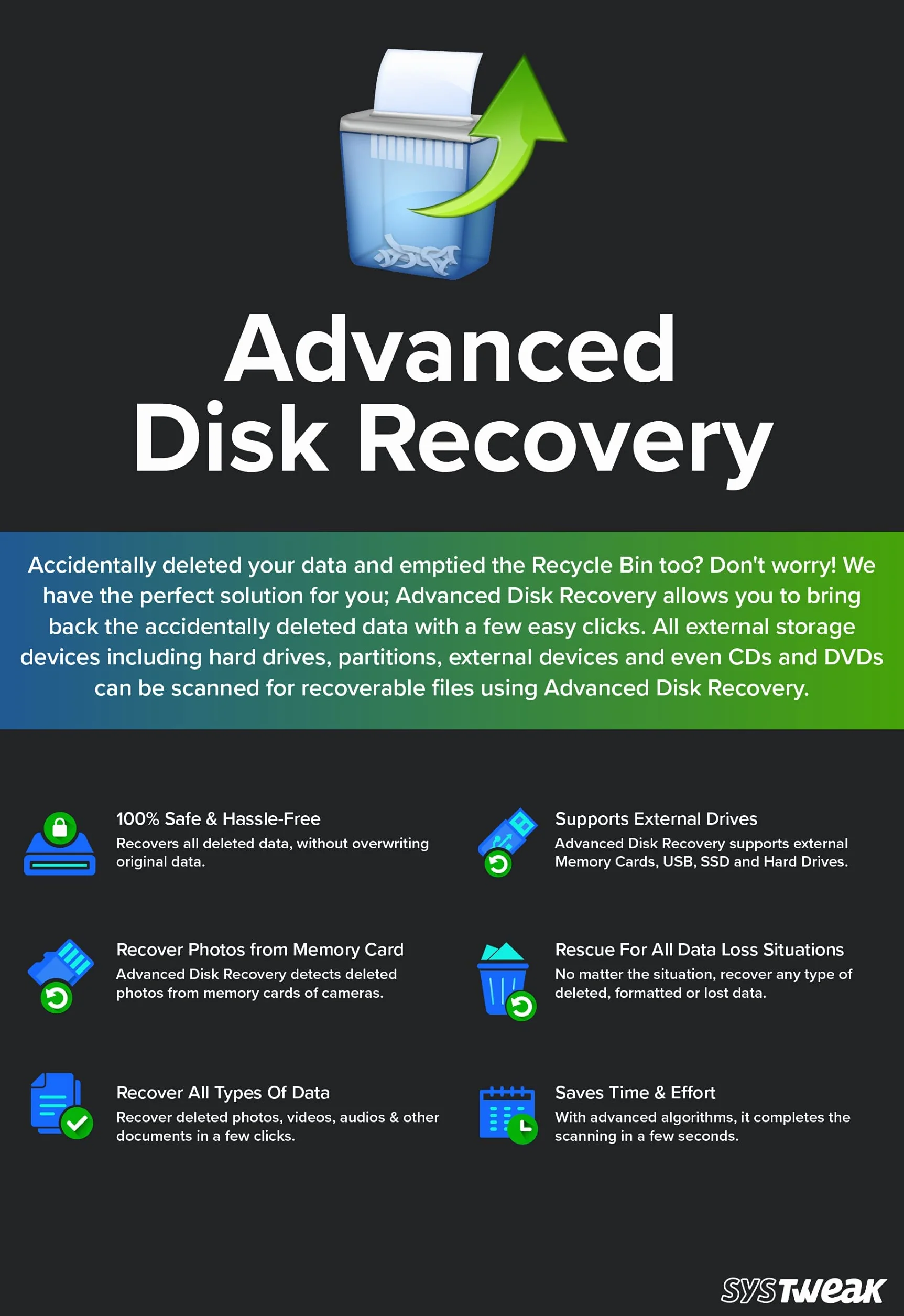 Systweak Advanced Disk Recovery 1 PC 1 an Récupération de photos vidéos audios documents Windows USB Disque dur externe