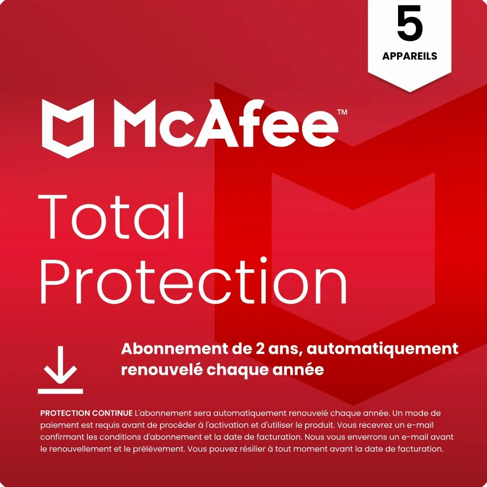 McAfee Total Protection 5 Appareil 2026 Antivirus VPN Logiciel de sécurité Abonnement 24 mois Téléchargement numérique