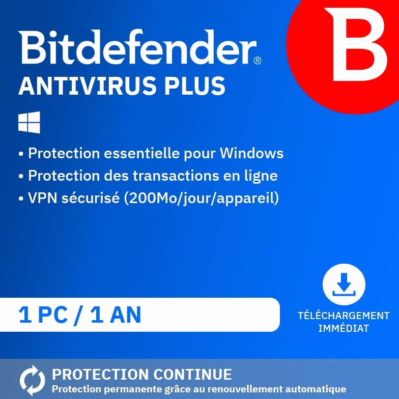 Bitdefender Antivirus Plus 2026 1 Appareil 1 An PC Code Activation Email