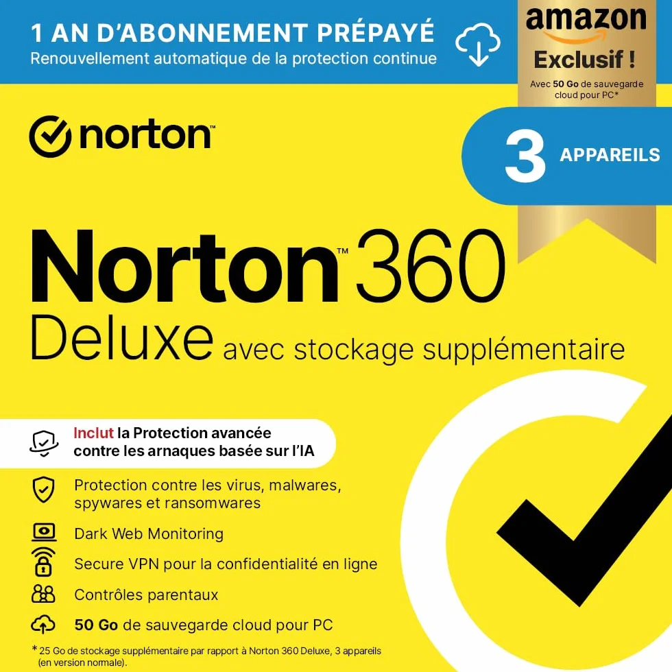 Norton 360 Deluxe 2026 3 Appareils 1 An Abonnement Renouvellement Automatique Téléchargement