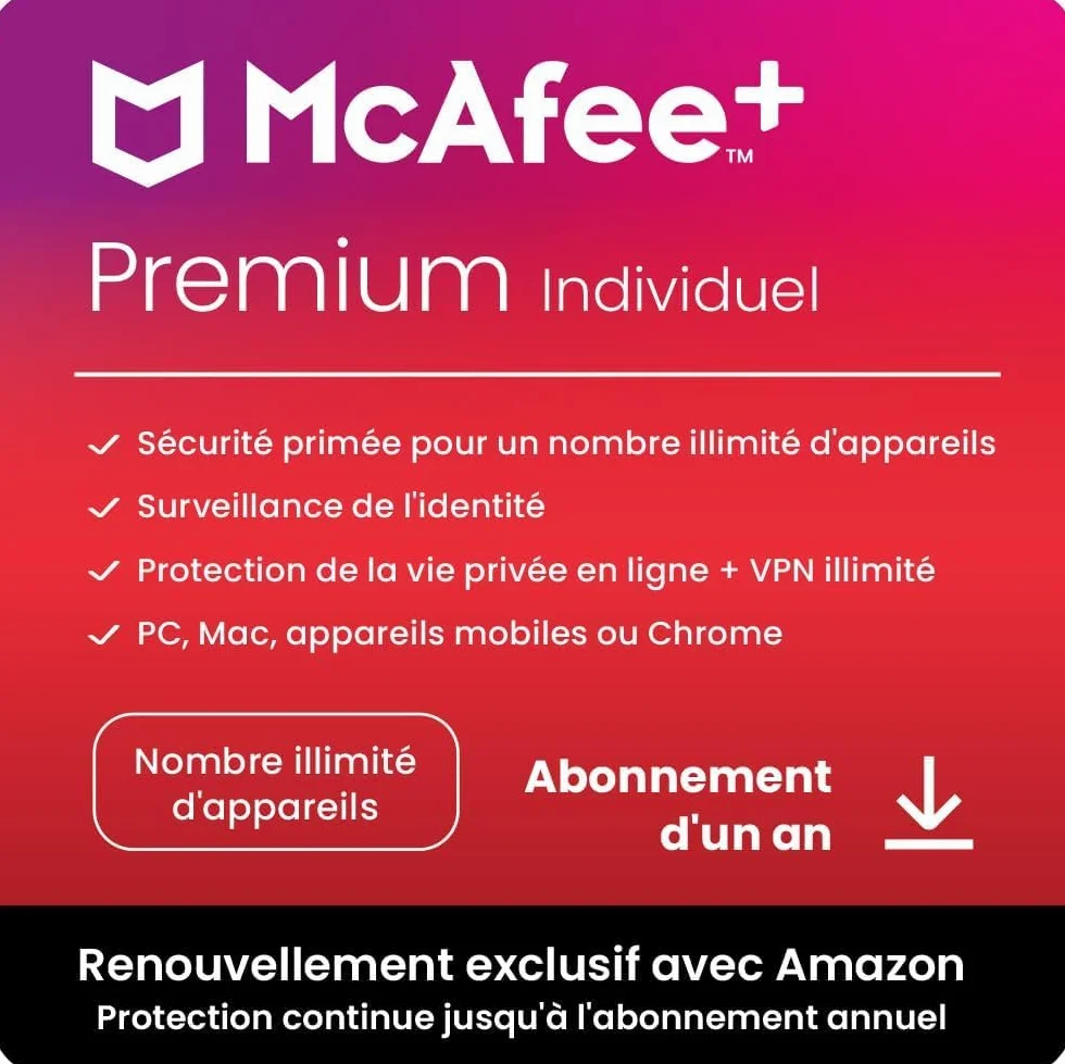 McAfee+Premium Individuel 2026 12 mois VPN sécurisé antivirus gestionnaire de mots de passe surveillance identité abonnement