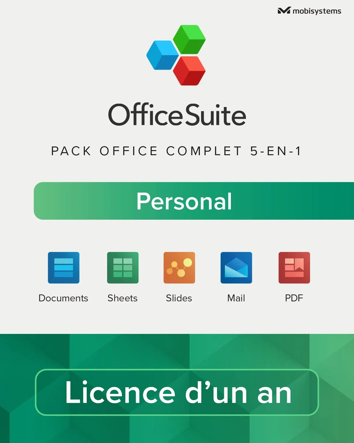 OfficeSuite Personal Version complète Documents Sheets Slides PDF Mail Calendar 1 PC Windows 2 appareils mobiles Licence 1 an