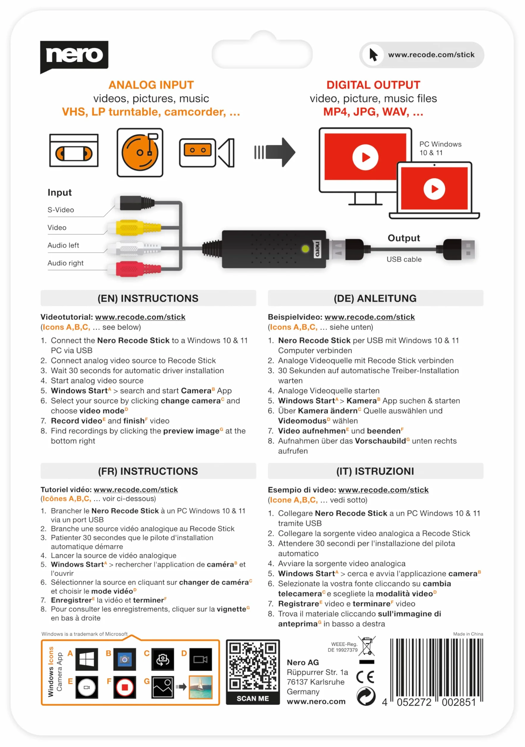 Nero VHS vers USB Video Grabber Recode Stick – Convertisseur analogique numérique pour VHS, S-VHS, Hi8 avec logiciel Nero Video, capture MP4, Windows 11/10