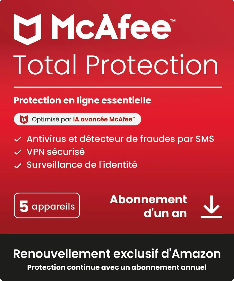 McAfee Total Protection 5 appareils 2026 12 mois VPN sécurisé antivirus gestionnaire de mots de passe surveillance identité